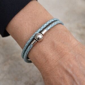 Pandora ALE 925 Sterling Silver Light Blue Leather Double Wrap Charm Bracelet